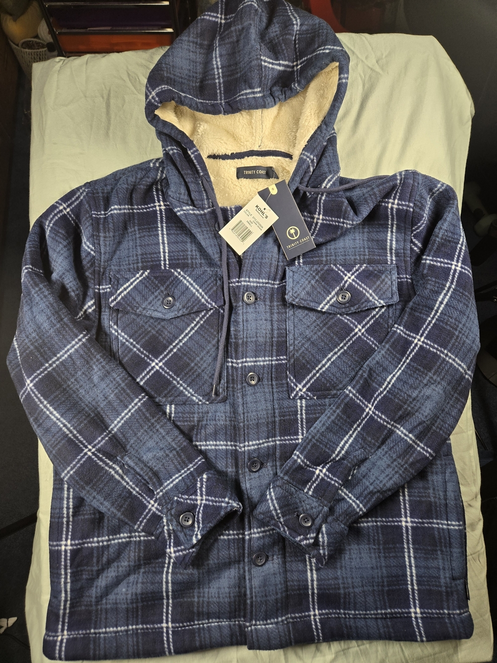 Trinity Coast Men's S Blue Plaid Hooded Sherpa Lined Shacket Jacket Y2K Grunge